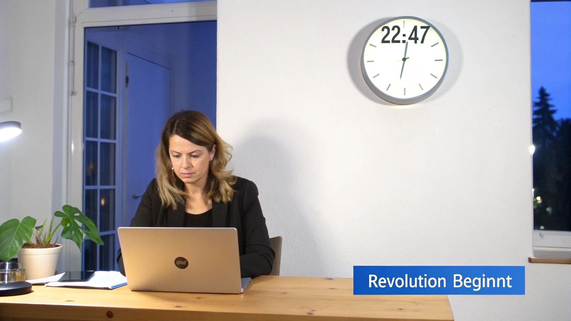 Eine Frau arbeitet nachts am Laptop an einem Holztisch, im Hintergrund eine Wanduhr mit 22:47 und der Text 'Revolution Beginnt'.