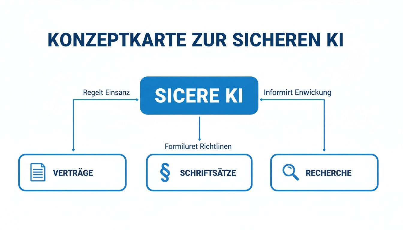 Konzeptkarte zur sicheren KI, die ihren Einsatz bei Verträgen, Richtlinien für Schriftsätze und die Entwicklung von Recherche informiert.