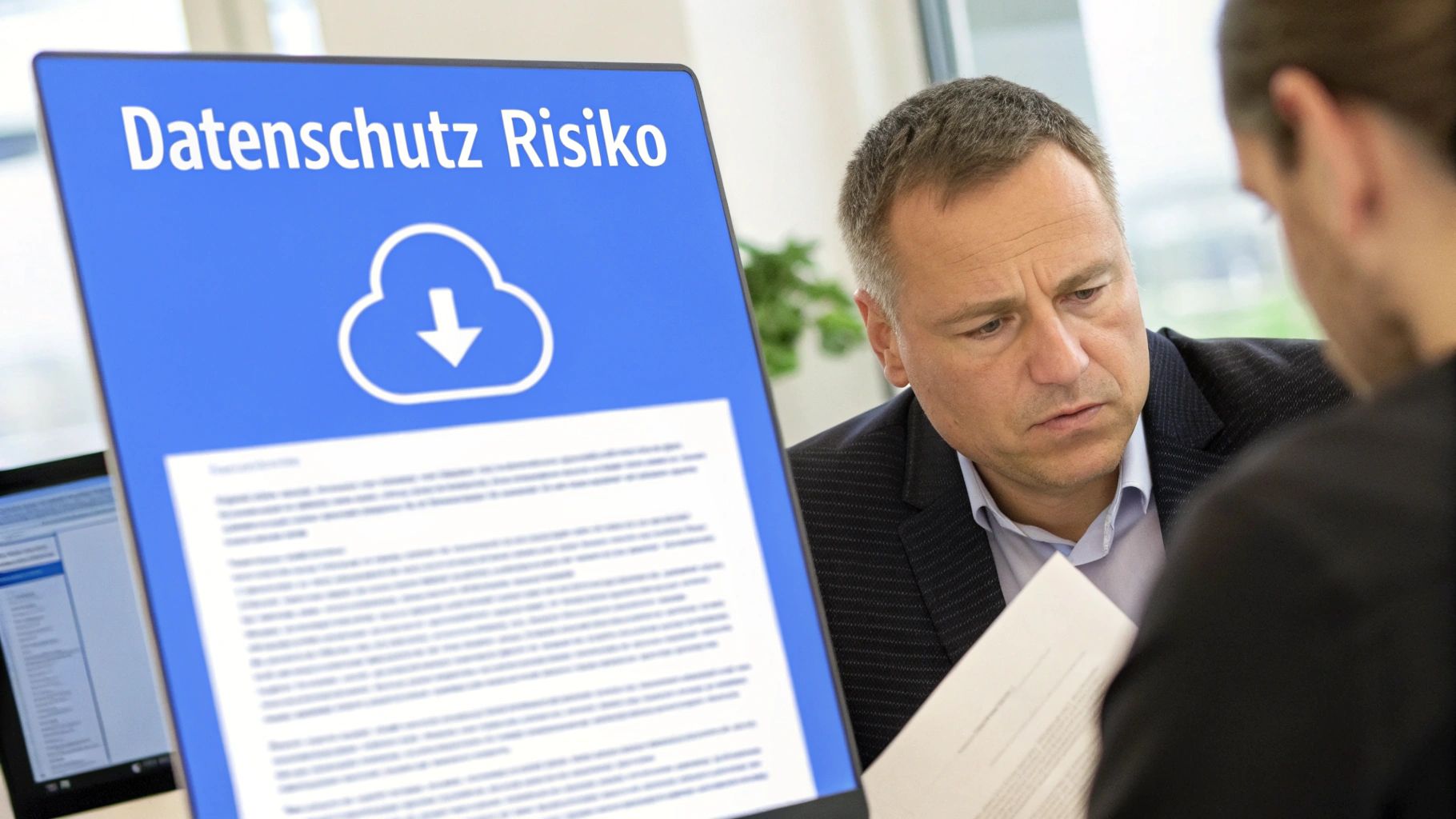 Ein Mann diskutiert über Datenschutzrisiken, die auf einem Bildschirm mit einem Cloud-Symbol angezeigt werden.