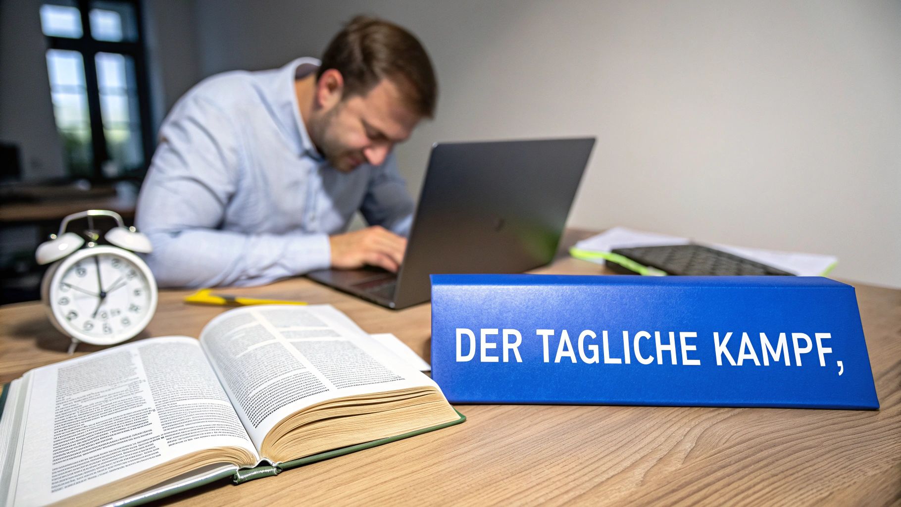 Mann arbeitet am Laptop, umgeben von Buch, Wecker und einem Schild mit der Aufschrift 'DER TÄGLIGE KAMPF'.