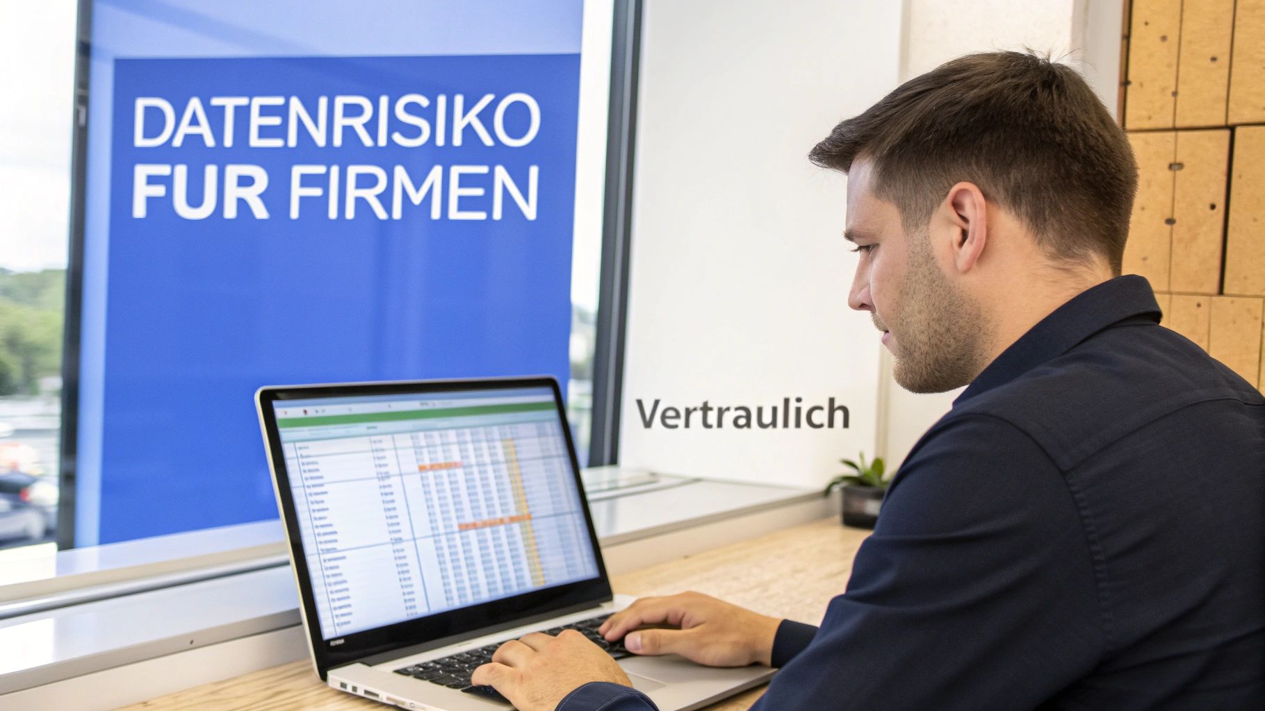 Mann arbeitet am Laptop vor einem Fenster, im Hintergrund steht "DATENRISIKO FÜR FIRMEN" und "Vertraulich".