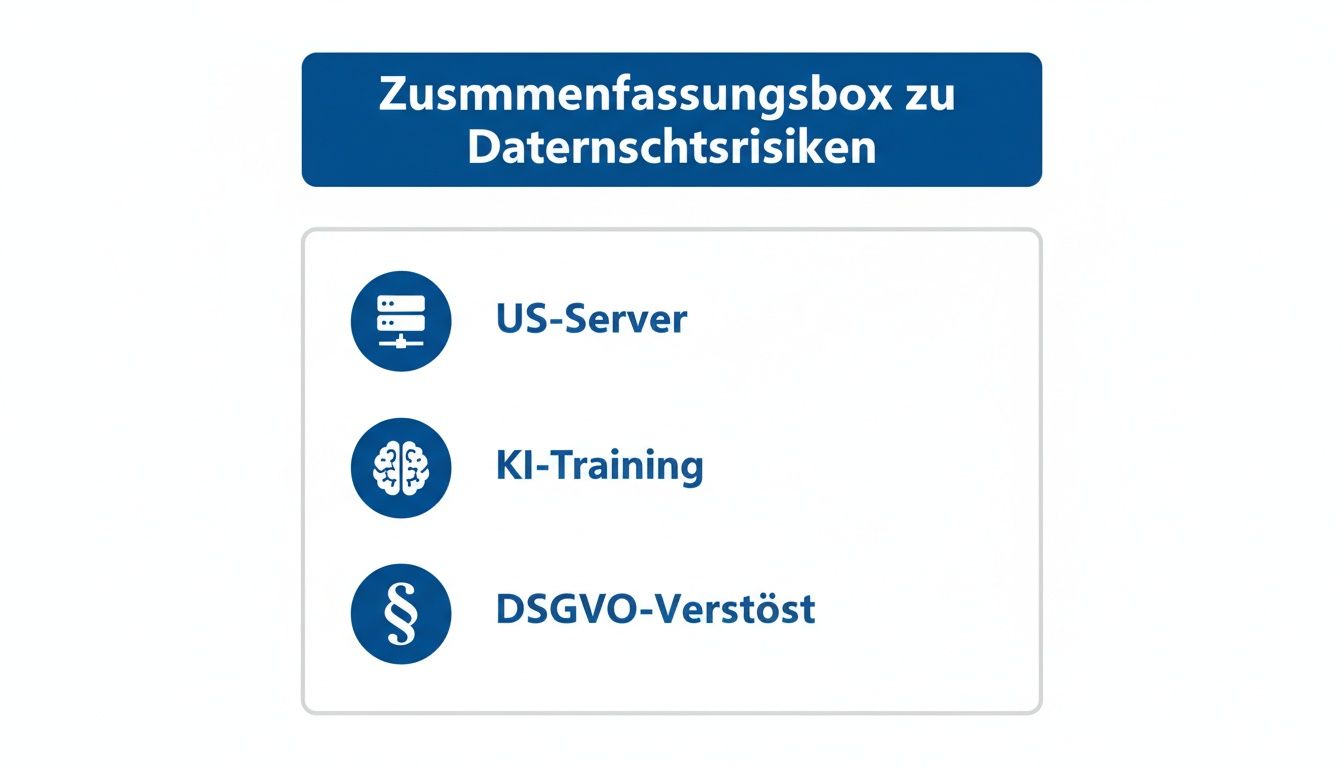 Zusammenfassung von Datenschutzrisiken mit Punkten wie US-Server, KI-Training und DSGVO-Verstoß.