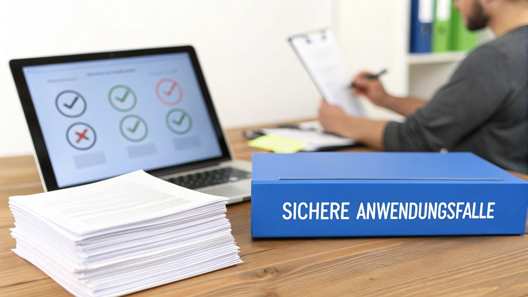 Blauer Ordner mit 'Sichere Anwendungsfälle', Laptop mit Häkchen, Papiere und arbeitende Person auf einem Holztisch.