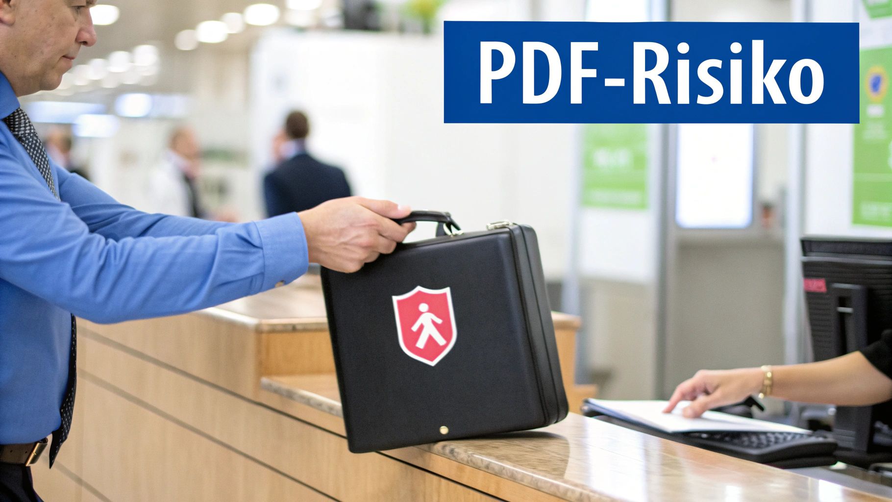 Ein Mann übergibt eine schwarze Aktentasche mit einem roten Schild-Logo an einer Theke, darüber ist ein blauer Banner mit 'PDF-Risiko' zu sehen.