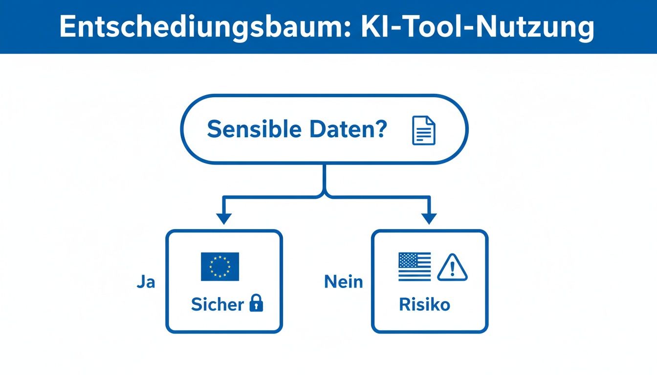 Entscheidungsbaum zur KI-Tool-Nutzung: Umgang mit sensiblen Daten und deren Sicherung in der EU oder Risiko in den USA.