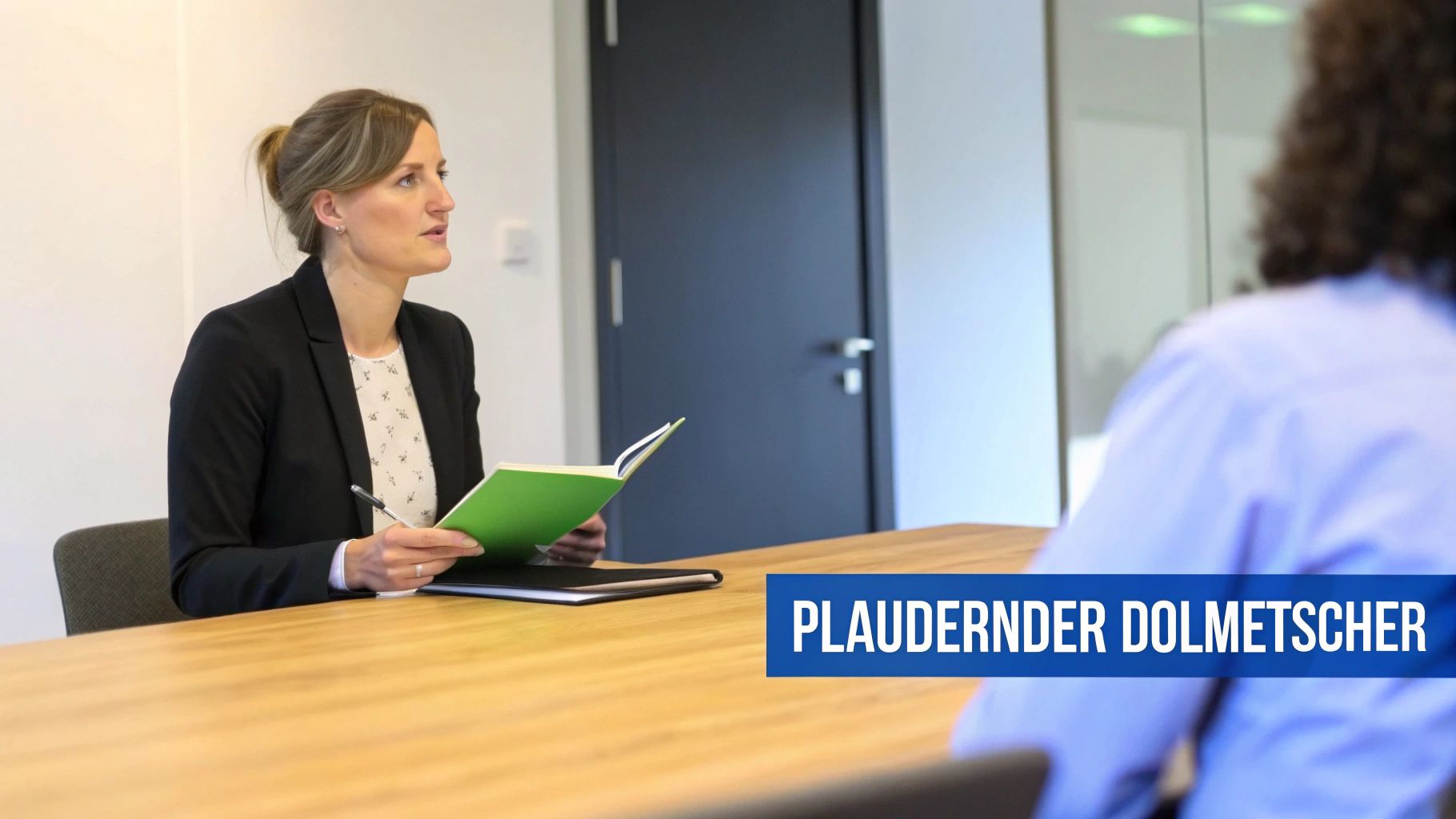 Eine Frau in einem schwarzen Blazer sitzt an einem Tisch, hält ein grünes Notizbuch und spricht mit einer Person.