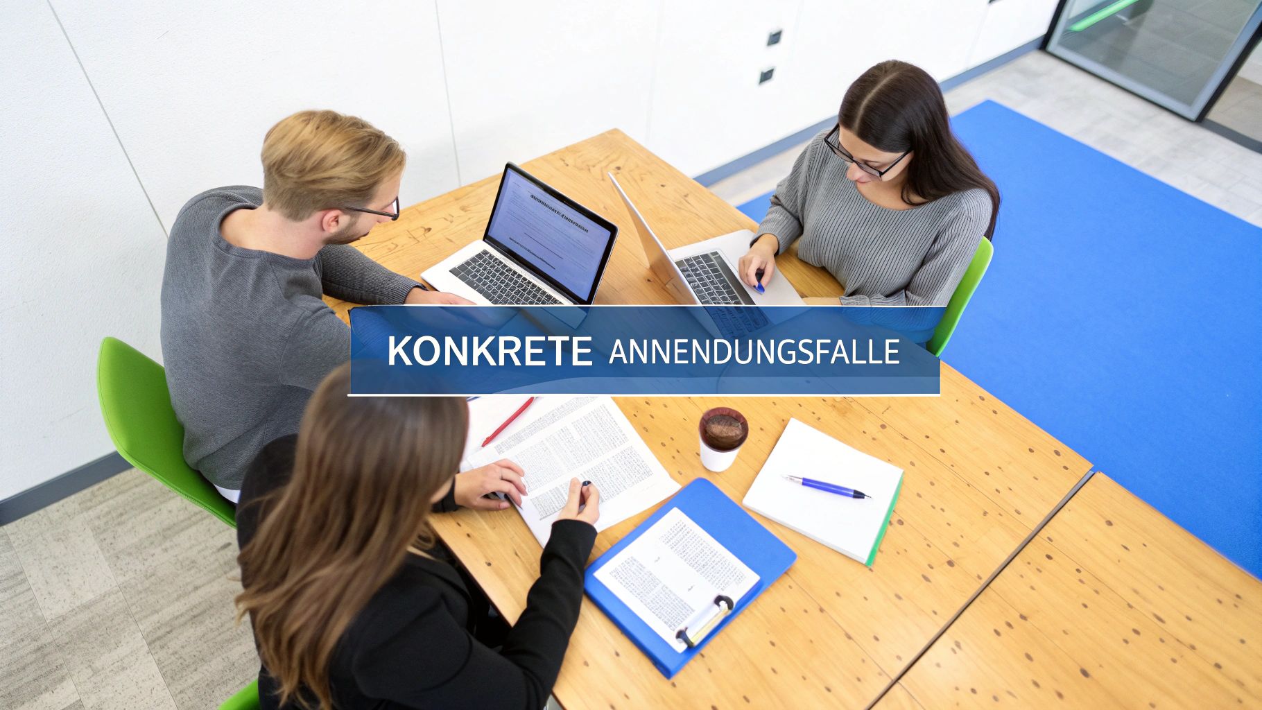 Drei Personen arbeiten an einem Holztisch, nutzen Laptops und lesen Dokumente. Ein Banner sagt 'KONKRETE ANWENDUNGSFÄLLE'.