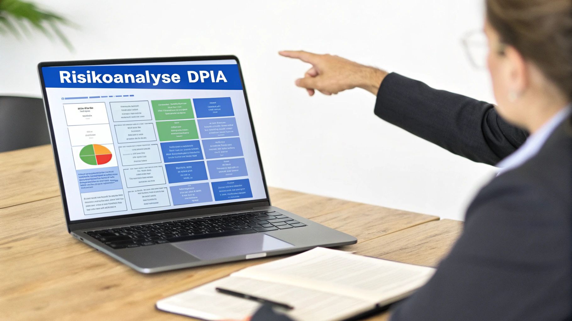 Person zeigt auf Laptop mit Risikoanalyse DPIA und Diagrammen auf einem Holztisch.