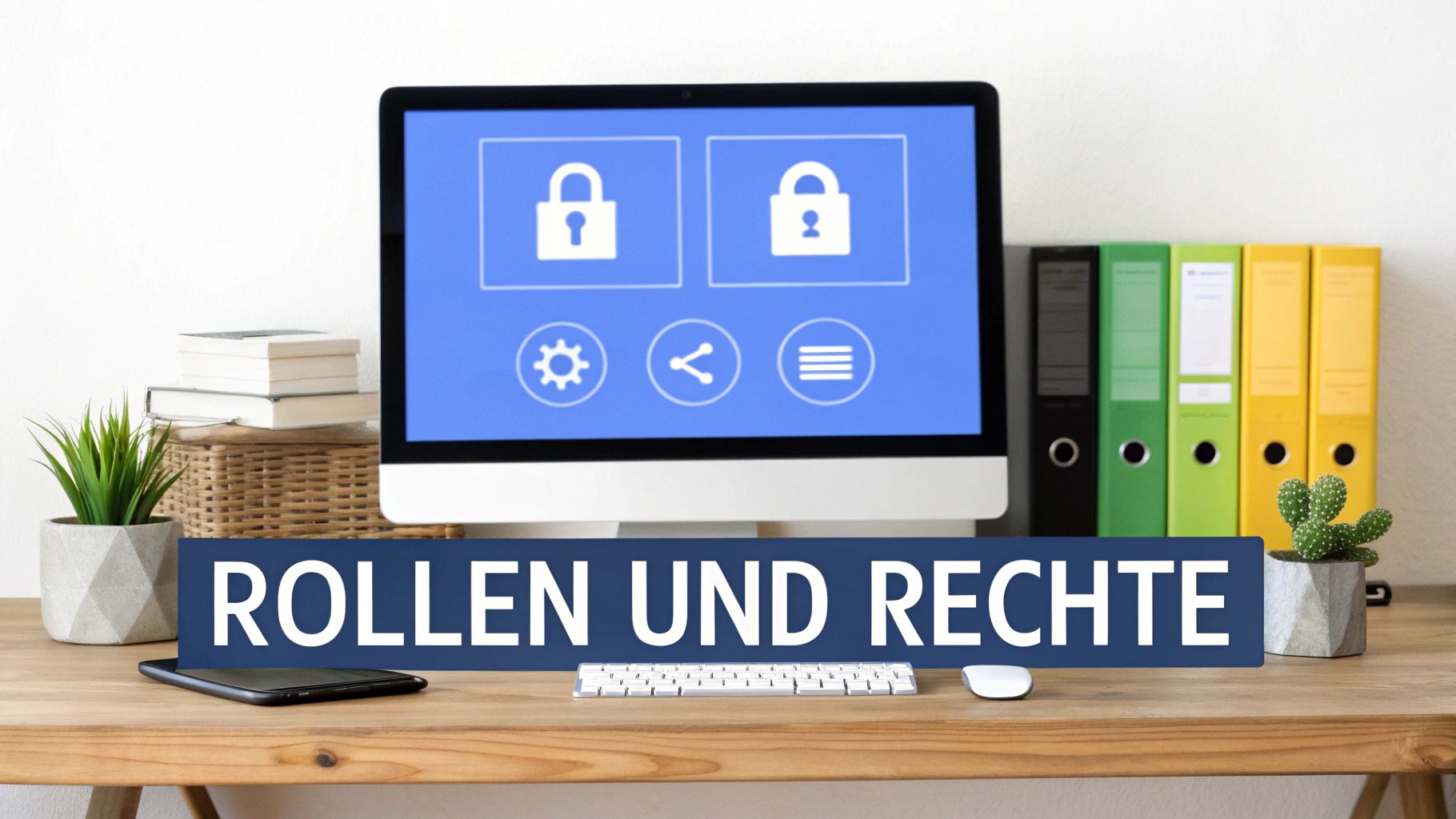 Computerbildschirm mit Sicherheitssymbolen und dem Text 'ROLLEN UND RECHTE' auf einem Schreibtisch mit Büroartikeln.