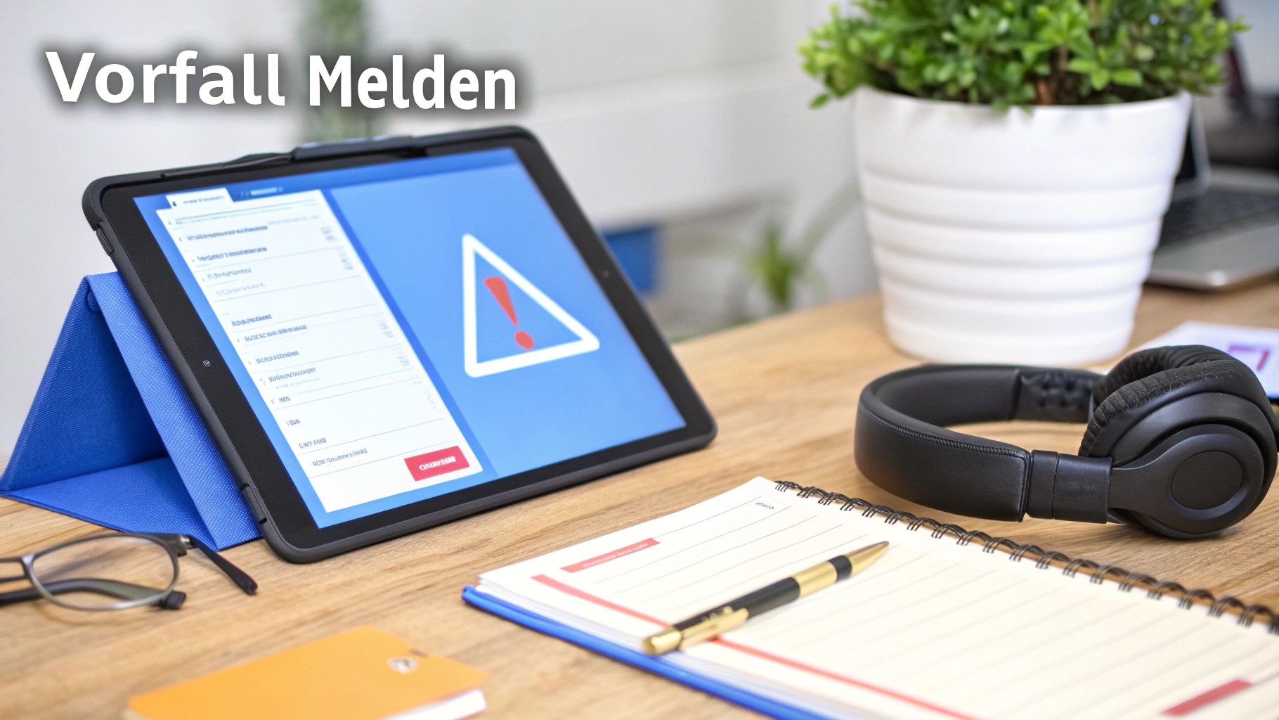 Nahaufnahme eines Tablets auf einem Schreibtisch, das eine Fehlermeldung mit Warnsymbol und Formular anzeigt.
