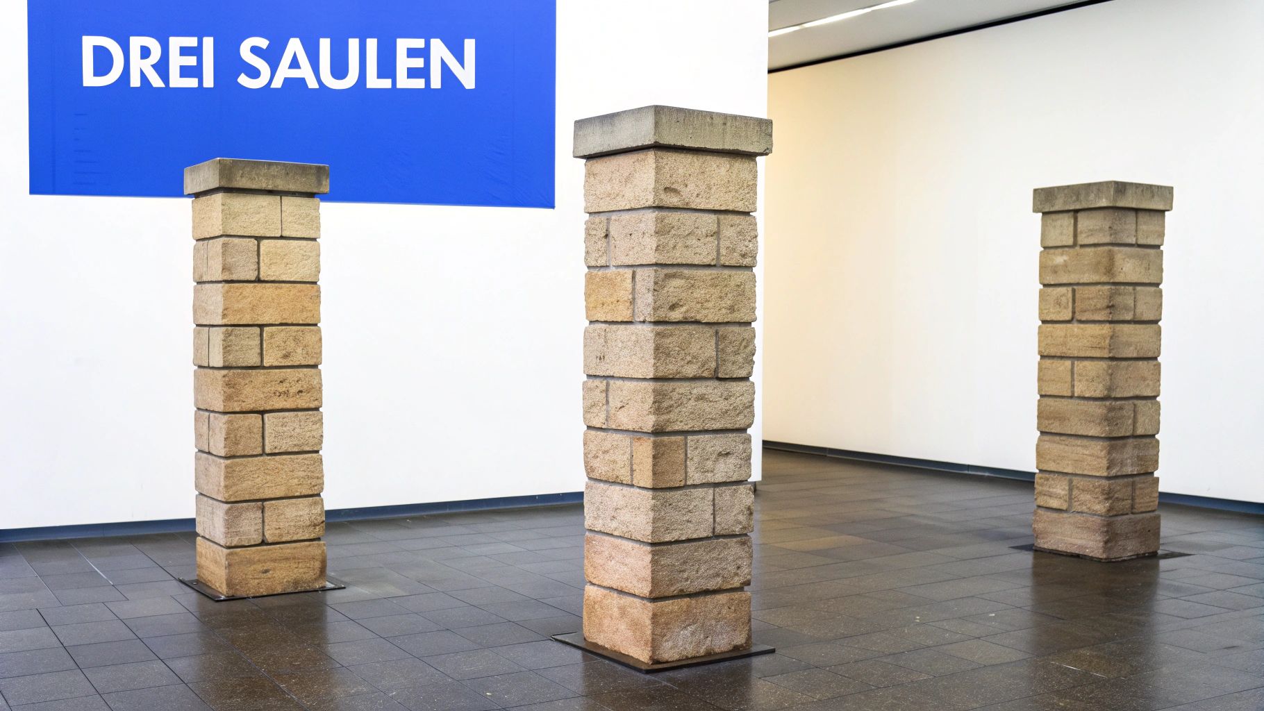 Drei hohe Steinsäulen stehen in einem hellen Ausstellungsraum unter einem blauen Banner mit der Aufschrift 'DREI SAULEN'.