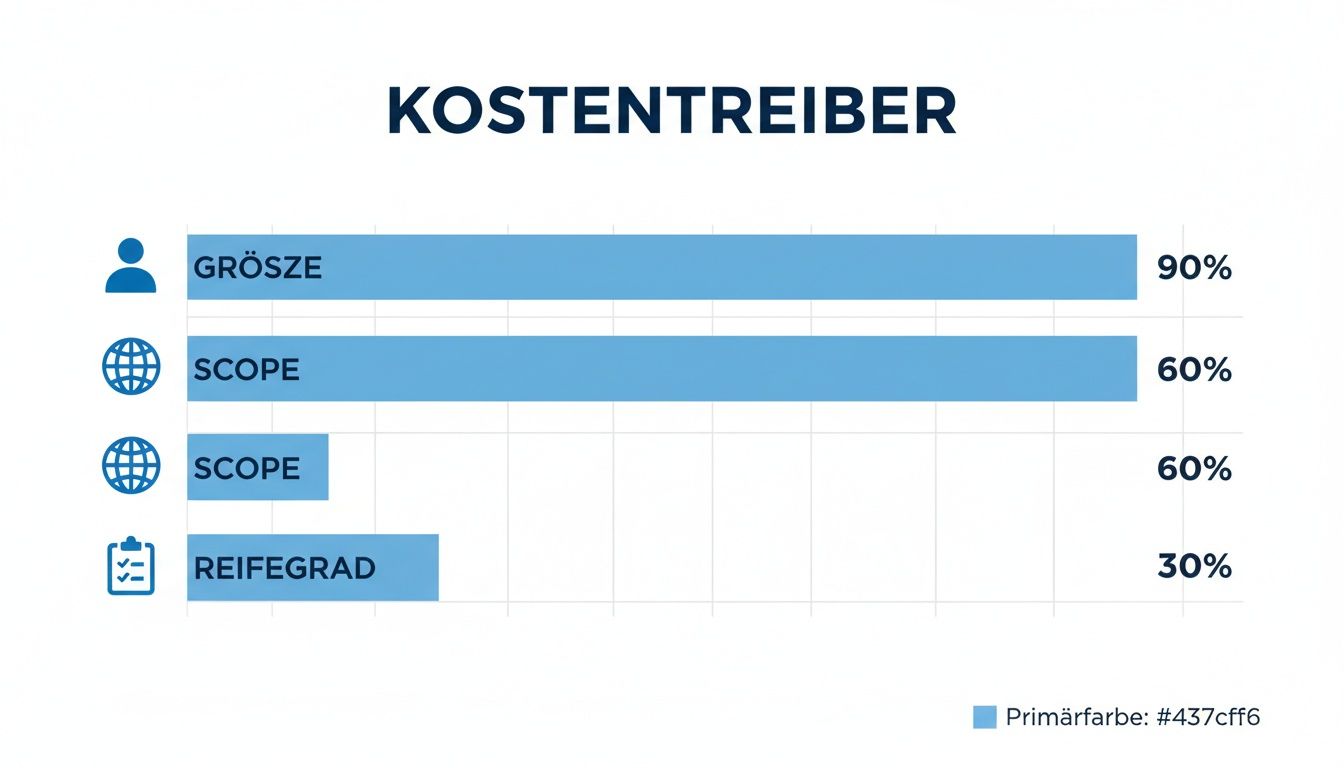 Balkendiagramm zeigt Kostentreiber: Größe (90%), Scope (60%) und Reifegrad (30%) mit zugehörigen Symbolen.