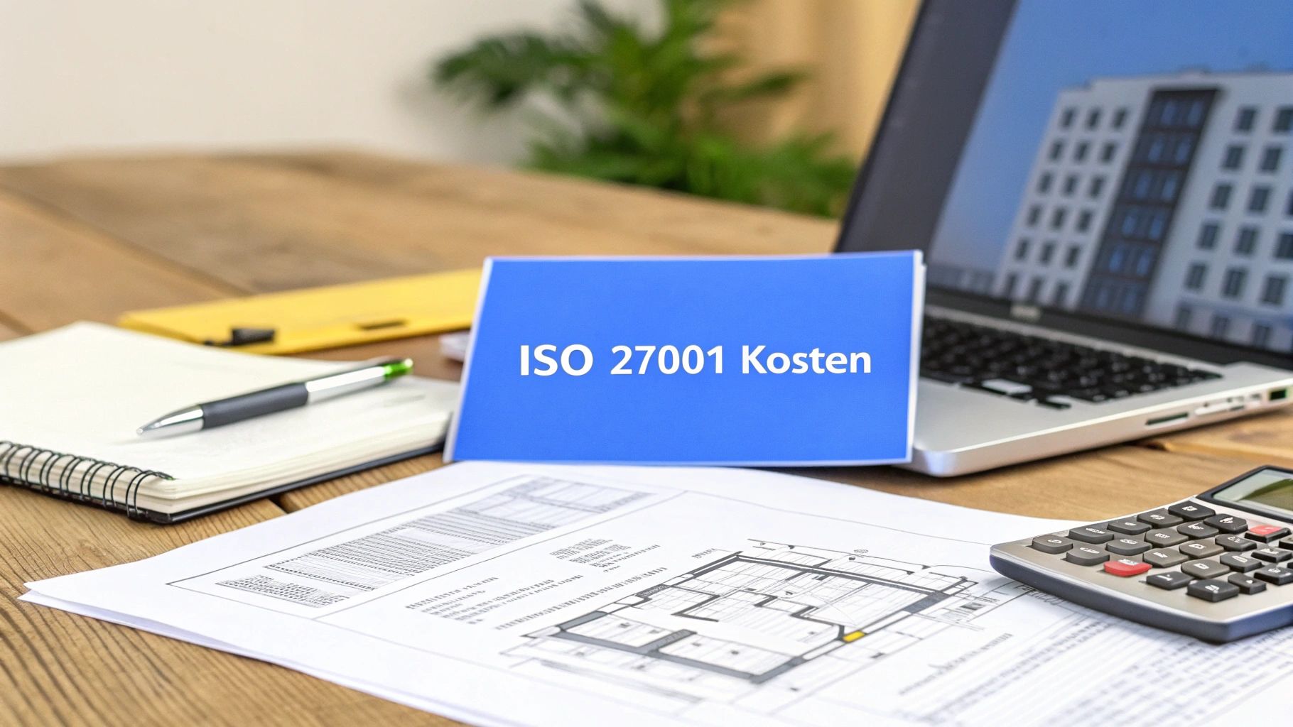 Schreibtisch mit Ordner "ISO 27001 Kosten", Laptop, Bauplänen und Taschenrechner für die Kostenkalkulation.
