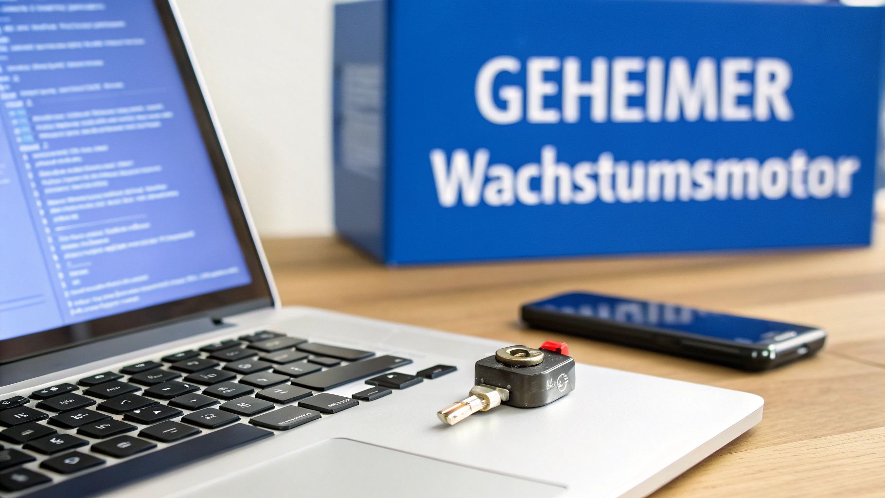 Laptop mit Code auf dem Bildschirm, Sicherheits-USB-Stick und blauem Karton mit 'Geheimer Wachstumsmotor'.