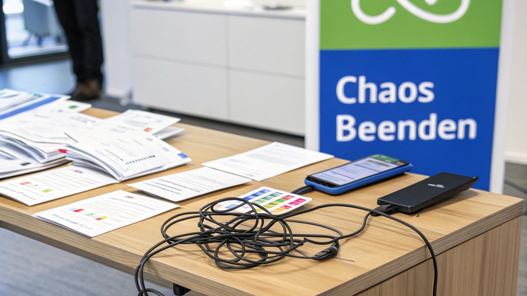 Ein Holztisch mit Dokumenten, einem Smartphone, einer Powerbank und Kabeln vor einem Schild mit der Aufschrift 'Chaos Beenden'.