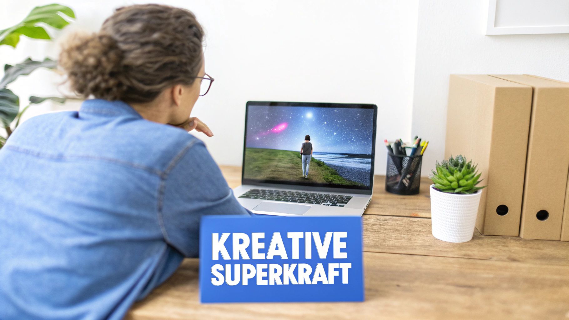Eine Frau betrachtet auf ihrem Laptop ein fantastisches Bild. Ein Schild sagt: 'Kreative Superkraft'.