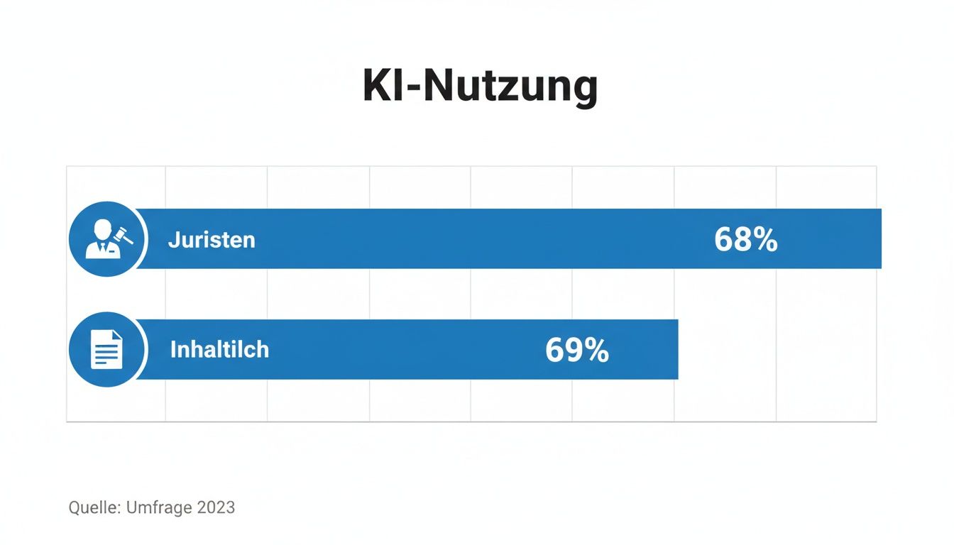 Balkendiagramm zur KI-Nutzung: Juristen 68%, Inhaltlich 69%. Basierend auf einer Umfrage 2023.