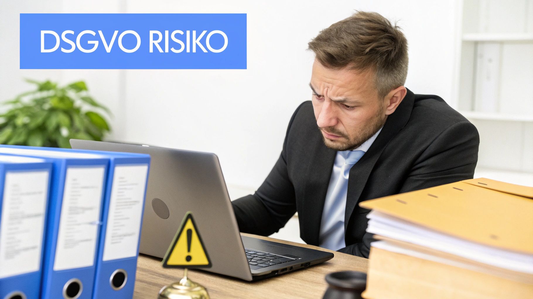 Ein konzentrierter Mann am Laptop, umgeben von Aktenordnern und einem DSGVO Risiko Banner.