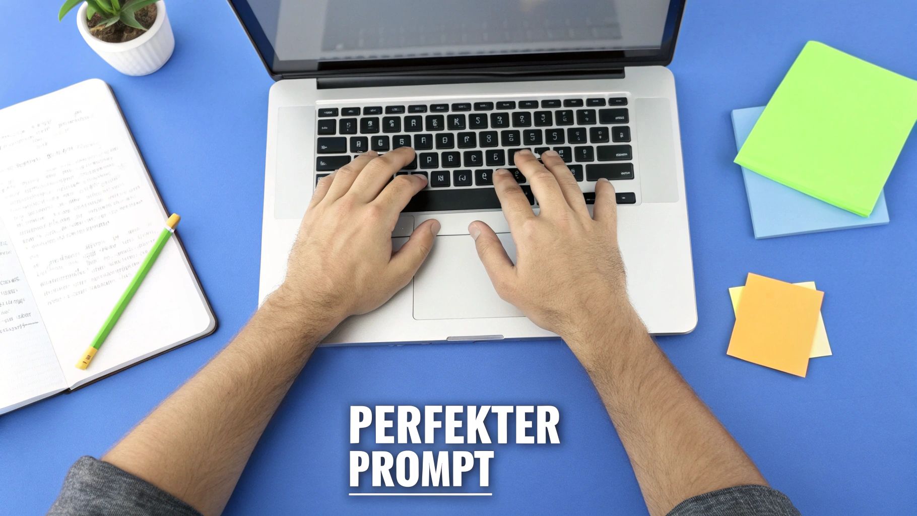 Nahaufnahme von Händen, die auf einem Laptop tippen, daneben Notizbuch, Stift und bunte Haftnotizen auf blauem Tisch. Text: 'PERFEKTER PROMPT'.