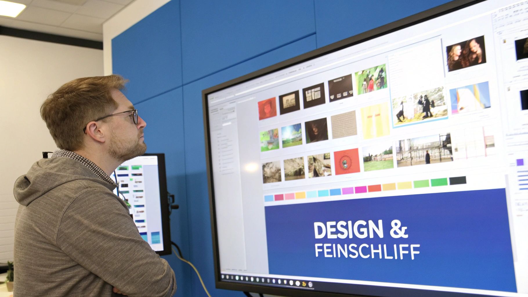 Seitenprofil eines Mannes mit Brille, der auf einen großen Bildschirm mit Design-Inhalten schaut.