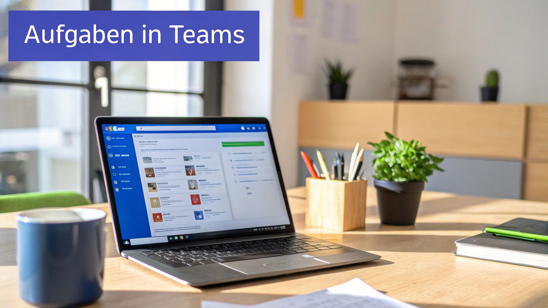 Laptop zeigt Aufgaben in Teams auf einem Schreibtisch mit Büropflanze, Stiftehalter und Notizbuch.