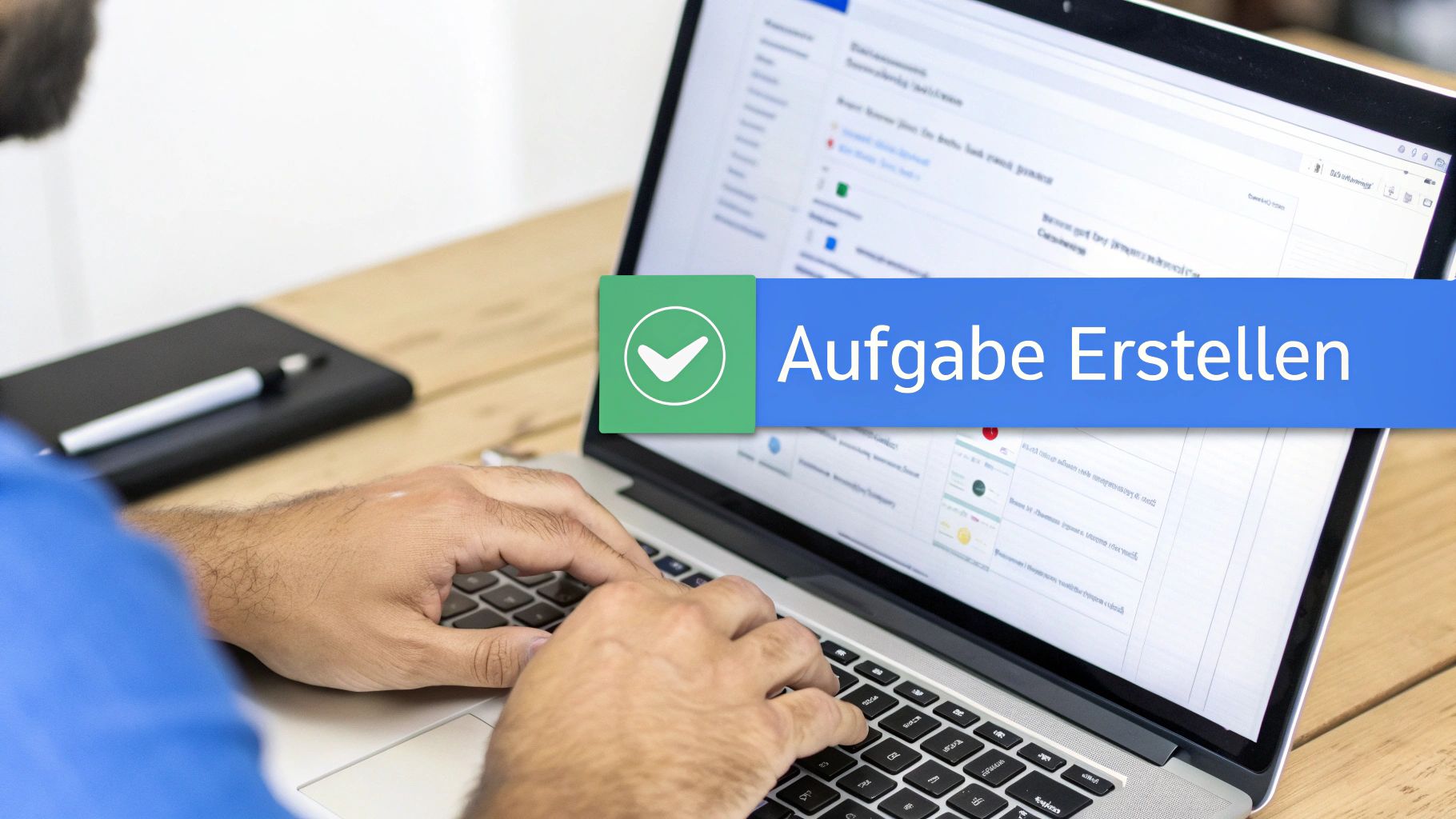 Eine Person tippt auf einem Laptop, wobei ein Overlay „Aufgabe Erstellen“ mit einem Häkchen auf dem Bildschirm zu sehen ist.