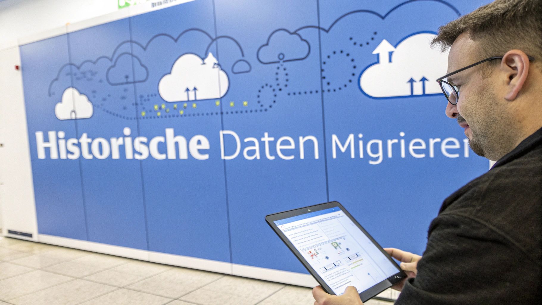 Mann mit Brille betrachtet Tablet vor einer blauen Wand mit Text 'Historische Daten Migrieren' und Cloud-Grafiken.