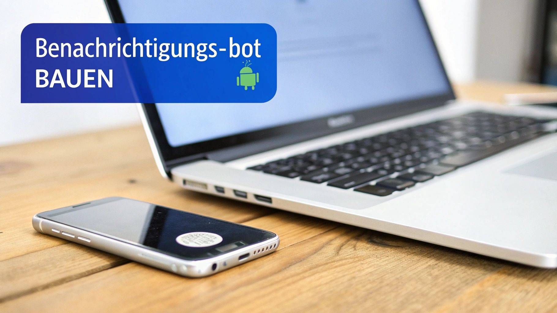 Ein Laptop und Smartphone auf einem Holztisch mit einem Banner: Benachrichtigungs-bot BAUEN und Android-Logo.