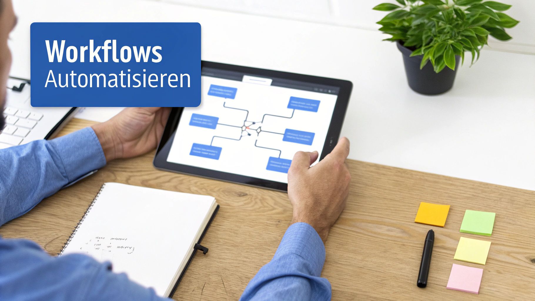 Ein Mann betrachtet ein Tablet mit einem Workflow-Diagramm zur Prozessautomatisierung, daneben ein Notizbuch und Büroartikel auf einem Schreibtisch.