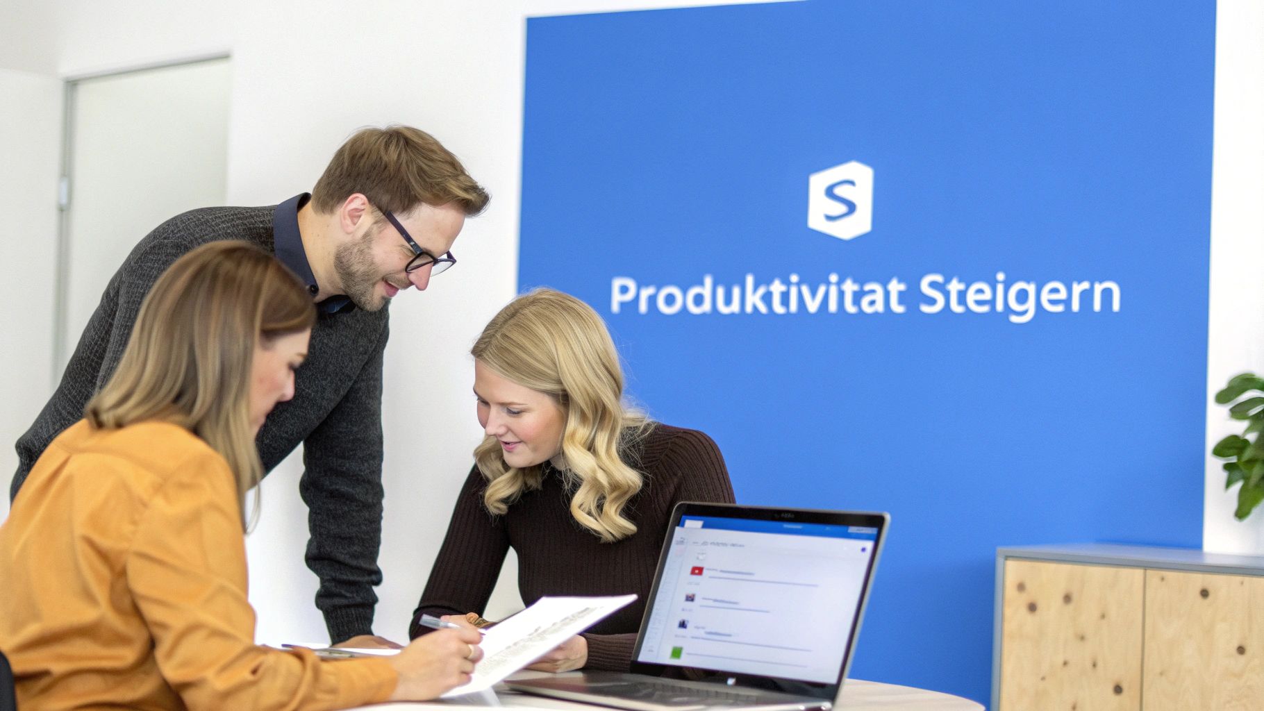 Drei Kollegen arbeiten zusammen an Dokumenten und Laptop in einem modernen Büro mit 'Produktivität Steigern' Logo.