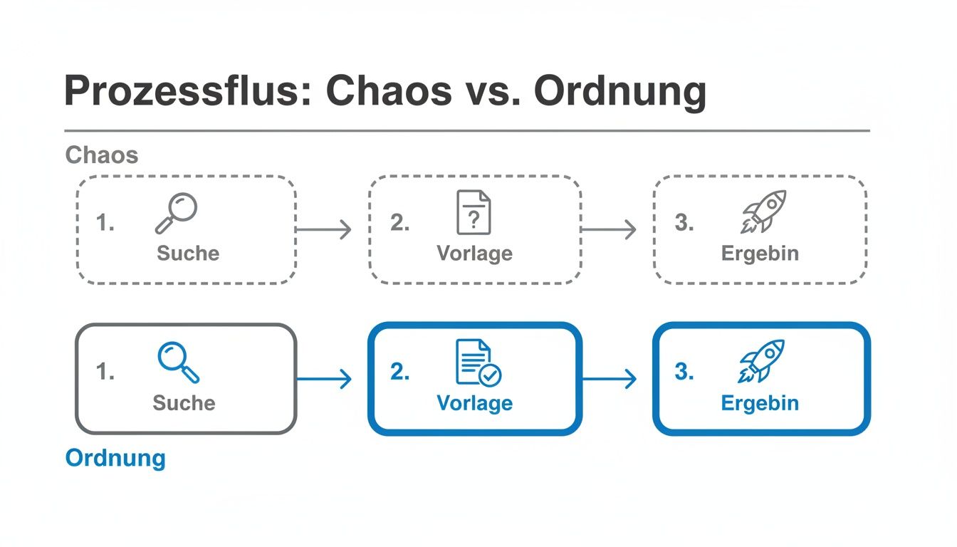 Flussdiagramm zum Prozessfluss: Chaos versus Ordnung, zeigt Schritte von Suche über Vorlage zu Ergebnis in beiden Fällen.