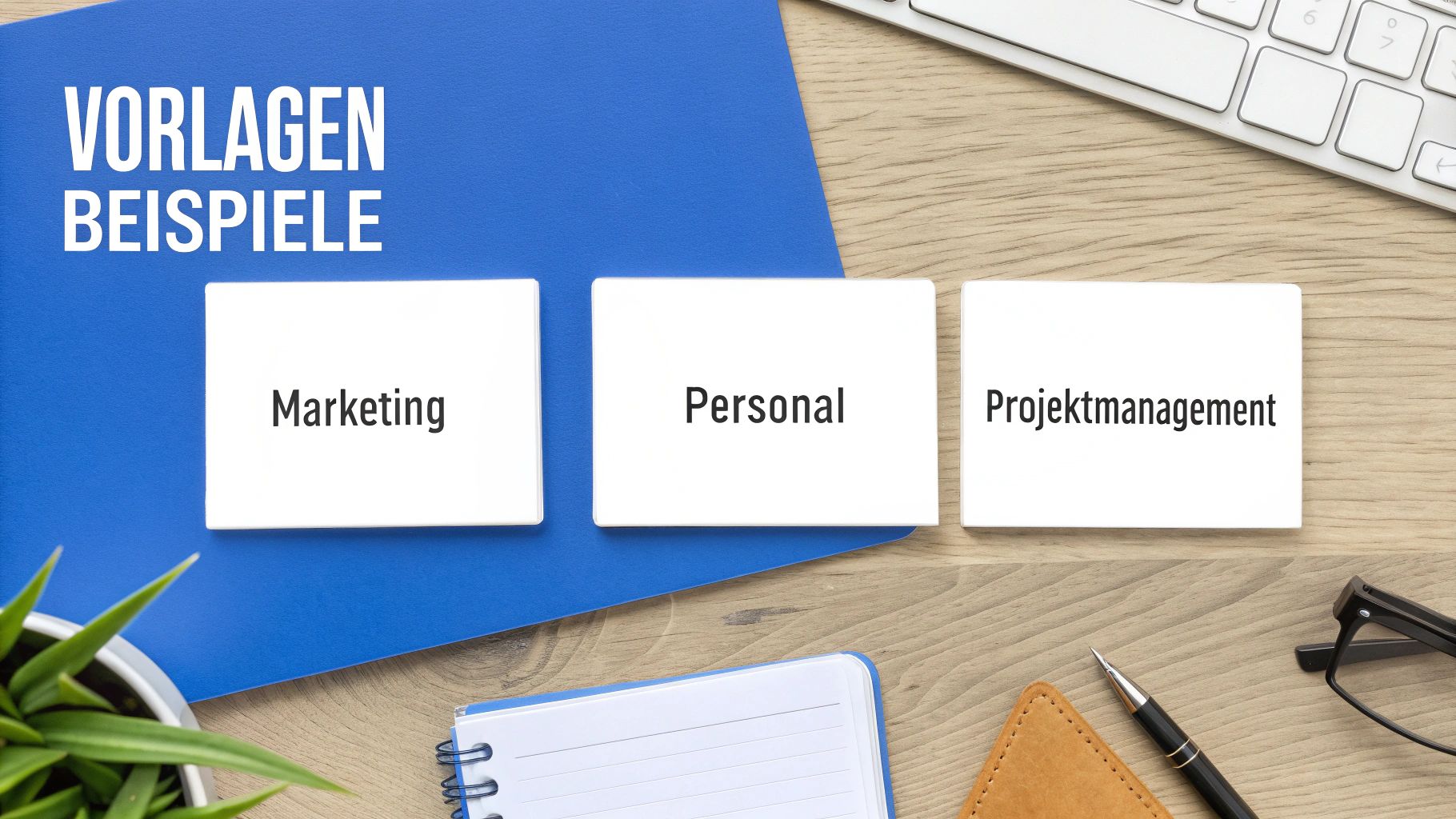 Drei weiße Karten auf einem blauen Ordner mit den Beschriftungen Marketing, Personal und Projektmanagement, um Vorlagenbeispiele zu illustrieren.