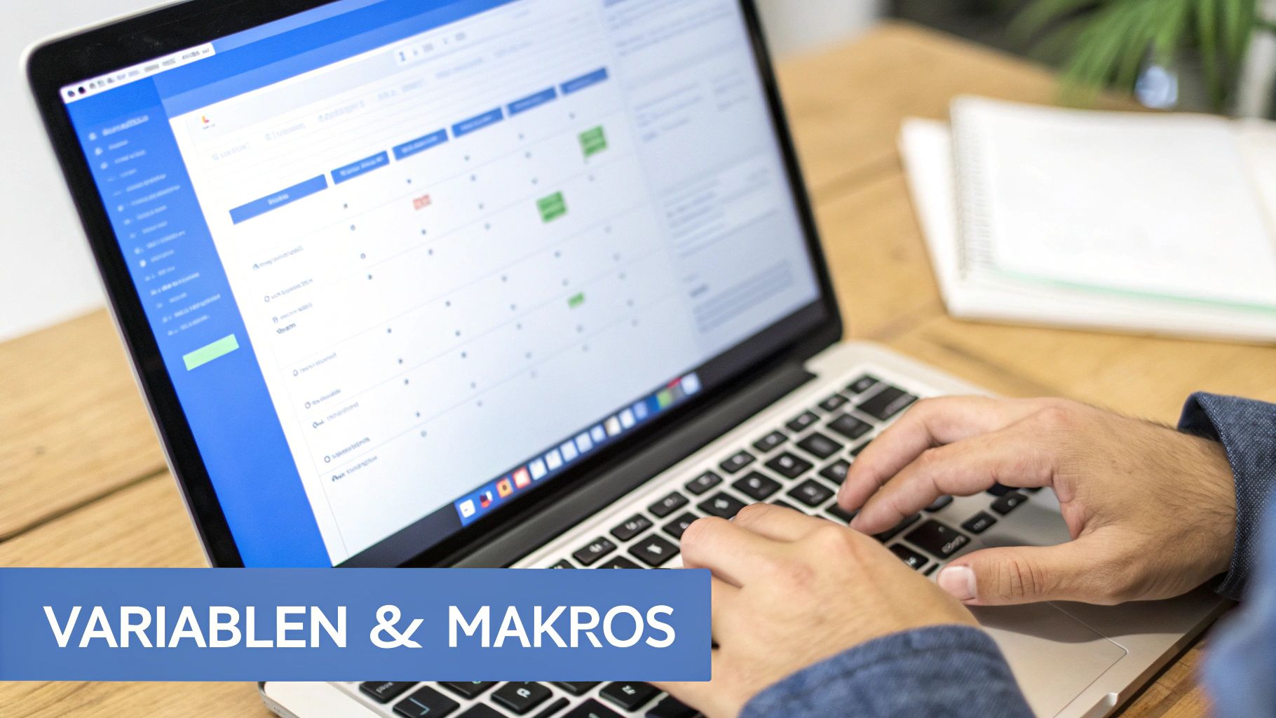 Eine Person tippt auf einem Laptop mit einer Kalenderanwendung und einem blauen Banner 'VARIABLEN & MAKROS'.