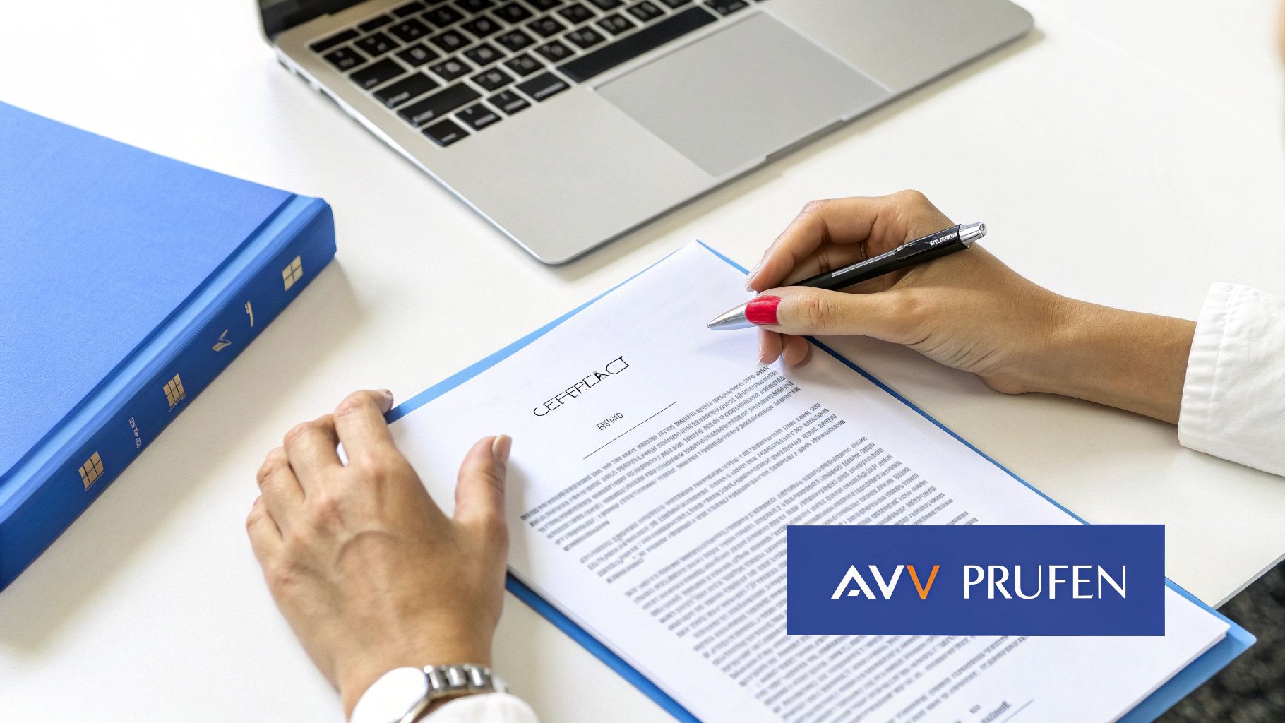 Eine Person unterschreibt ein Dokument auf einem Schreibtisch mit Laptop und blauem Ordner.