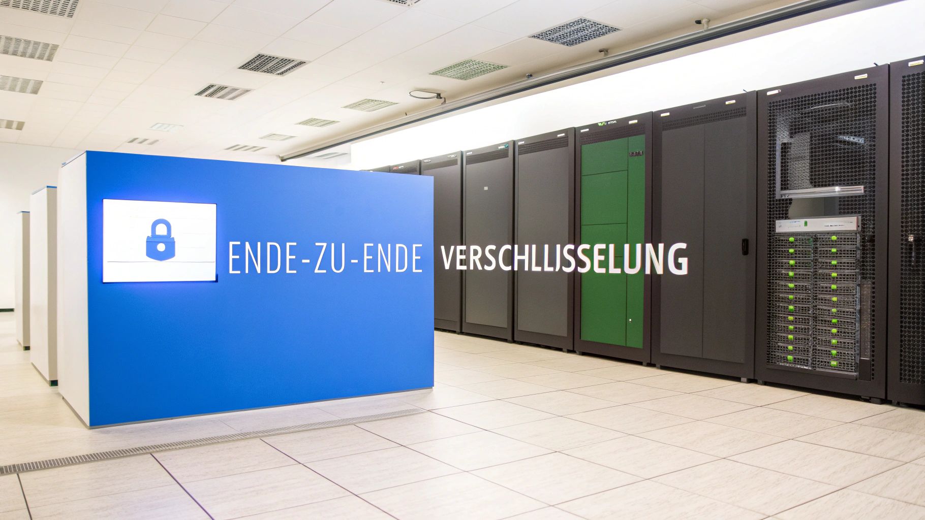 Serverraum mit Rack-Reihen und einer blauen Tafel, die 'ENDE-ZU-ENDE VERSCHLÜSSELUNG' und ein Schlosssymbol zeigt.