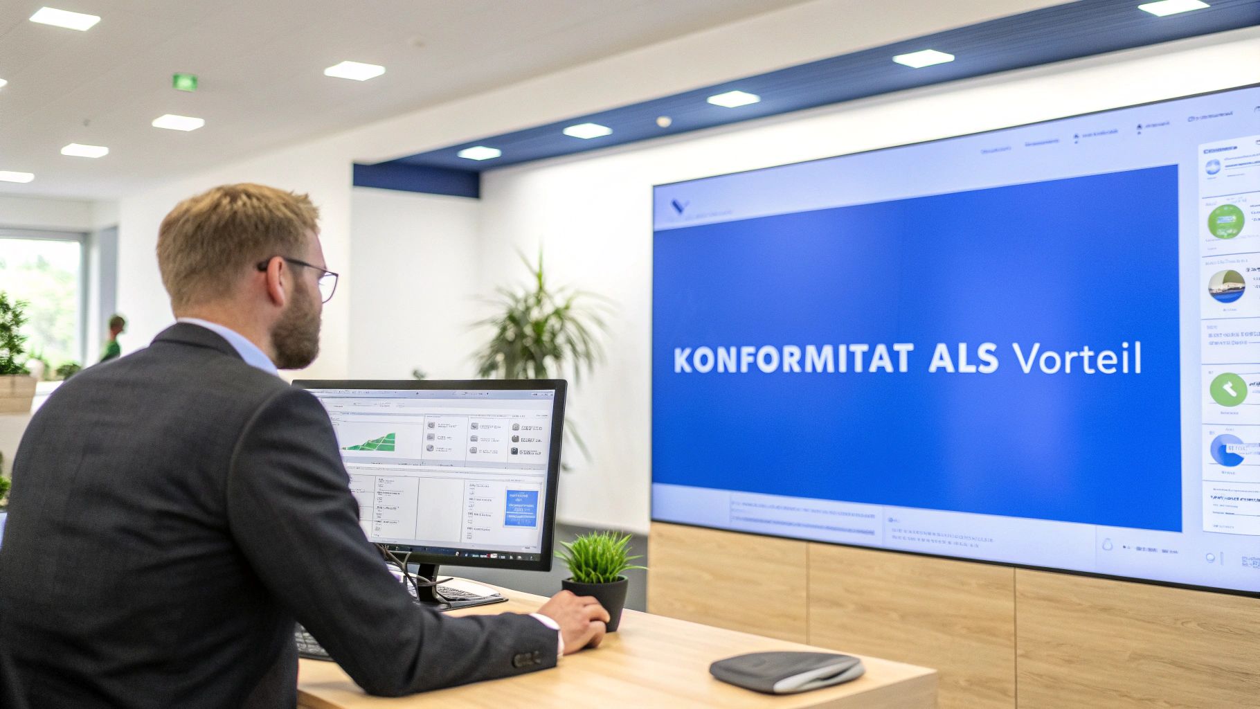 Ein Mann im Anzug arbeitet an einem Computer in einem modernen Büro mit großem Bildschirm, der 'KONFORMITÄT ALS Vorteil' anzeigt.