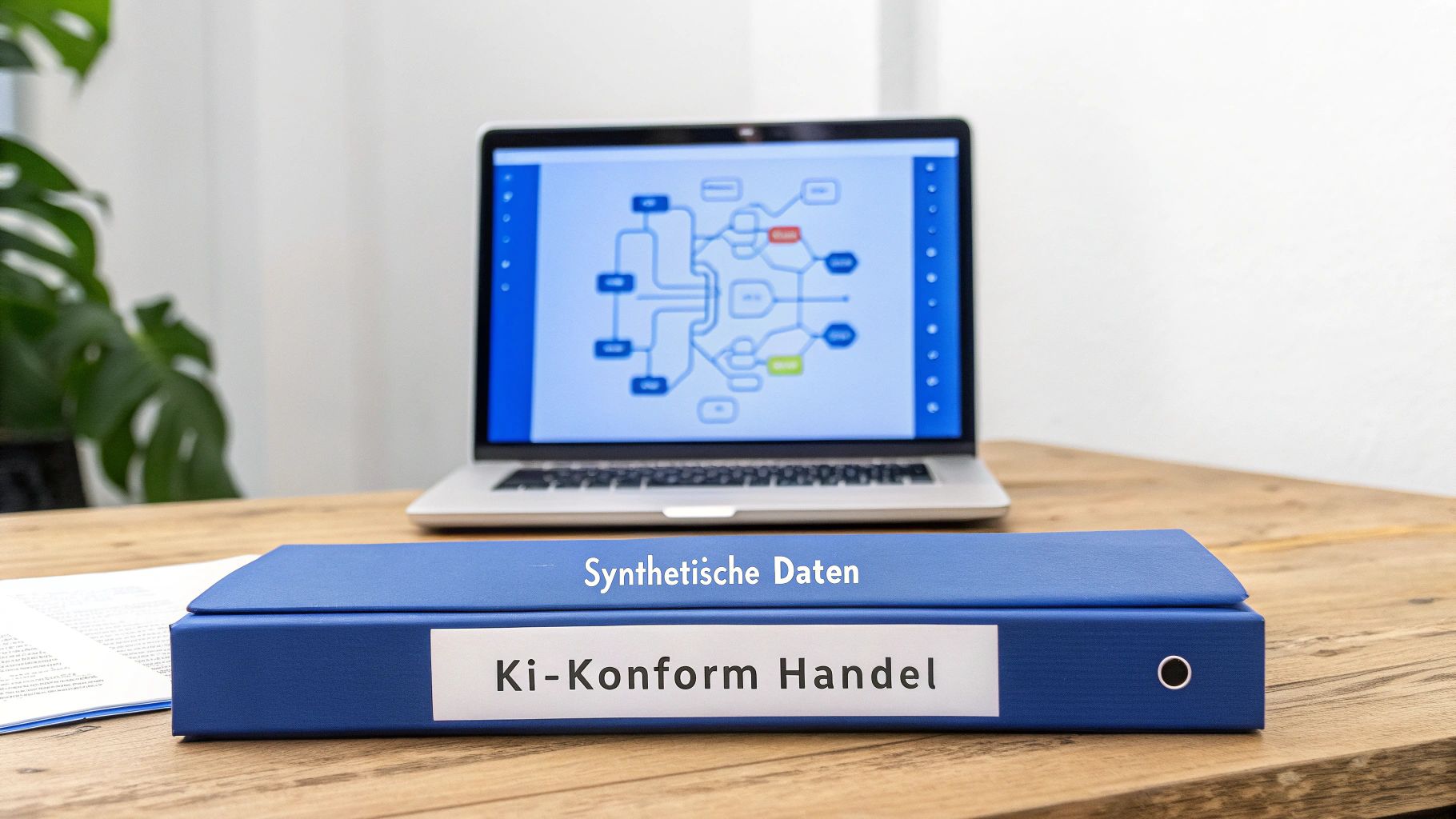 Blauer Ordner mit 'Synthetische Daten' und 'Ki-Konform Handel' auf Schreibtisch neben Laptop mit Diagramm.