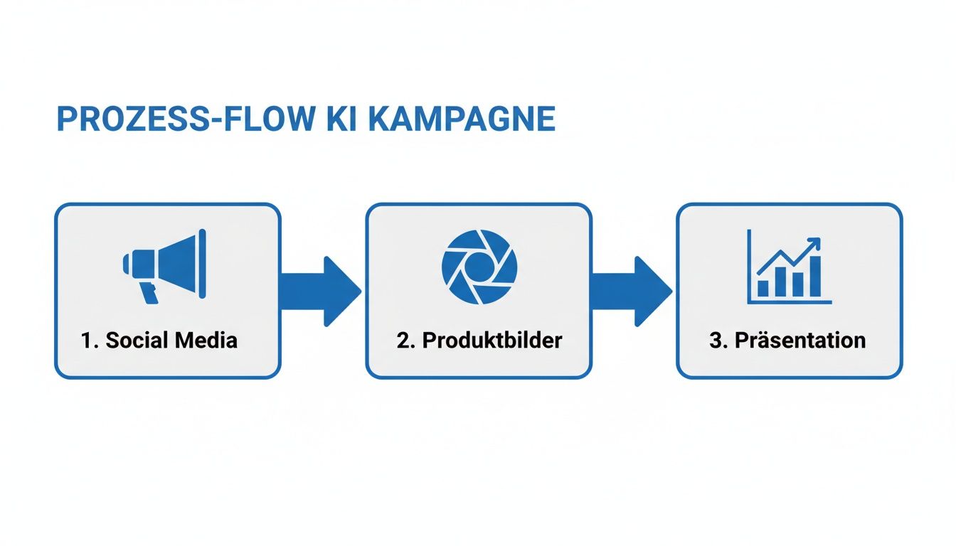 Prozessablauf einer KI-Kampagne mit den Schritten Social Media, Produktbilder und Präsentation, dargestellt durch Symbole und Text.