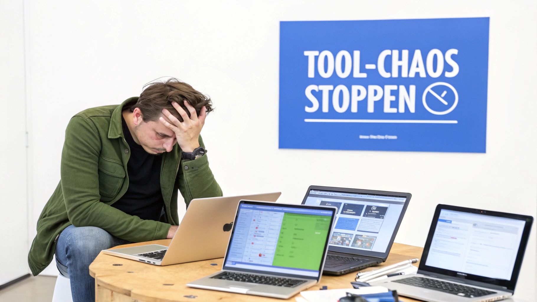Ein gestresster Mann hält seinen Kopf, umgeben von Laptops, mit einem "TOOL-CHAOS STOPPEN"-Schild im Hintergrund.