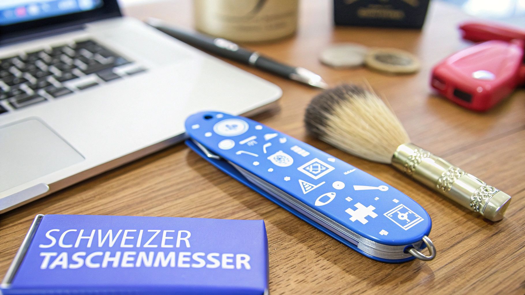Nahaufnahme eines blauen Schweizer Taschenmessers neben einem Laptop, Rasierpinsel und einer Box auf einem Schreibtisch.