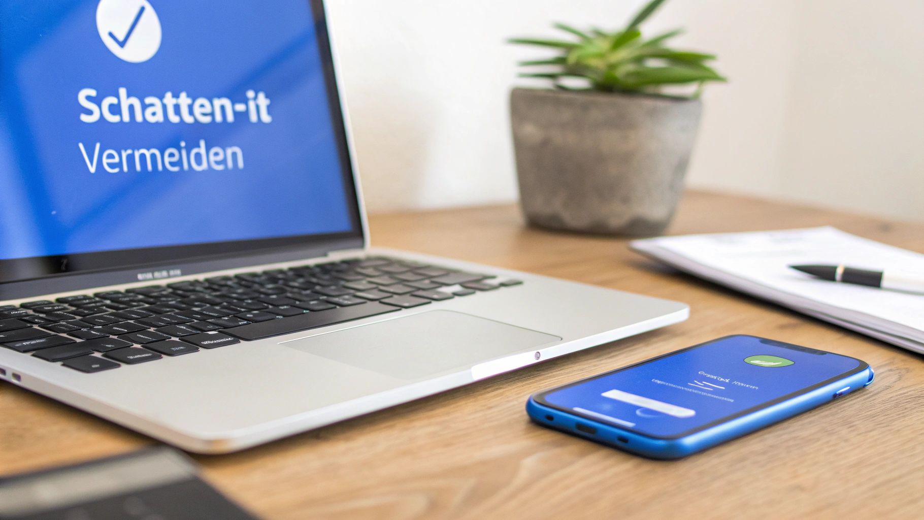 Laptop mit „Schatten-it Vermeiden“ auf dem Bildschirm, Smartphone, Notizen und Pflanze auf einem Holztisch. Eine moderne Büroumgebung.