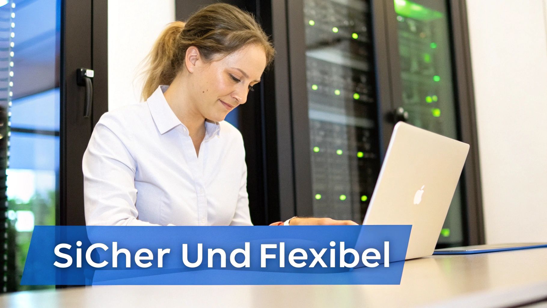 Eine junge Frau arbeitet an einem Laptop in einem Rechenzentrum mit leuchtenden Server-Racks im Hintergrund.