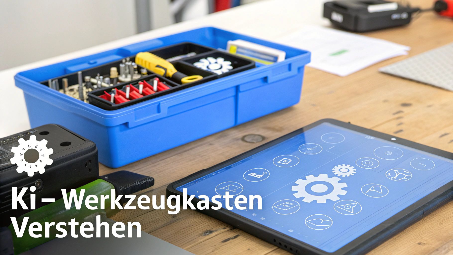 Blauer Werkzeugkasten, elektronische Komponenten und Tablet mit Zahnrad-Symbol für KI-Anwendungen auf Holztisch.