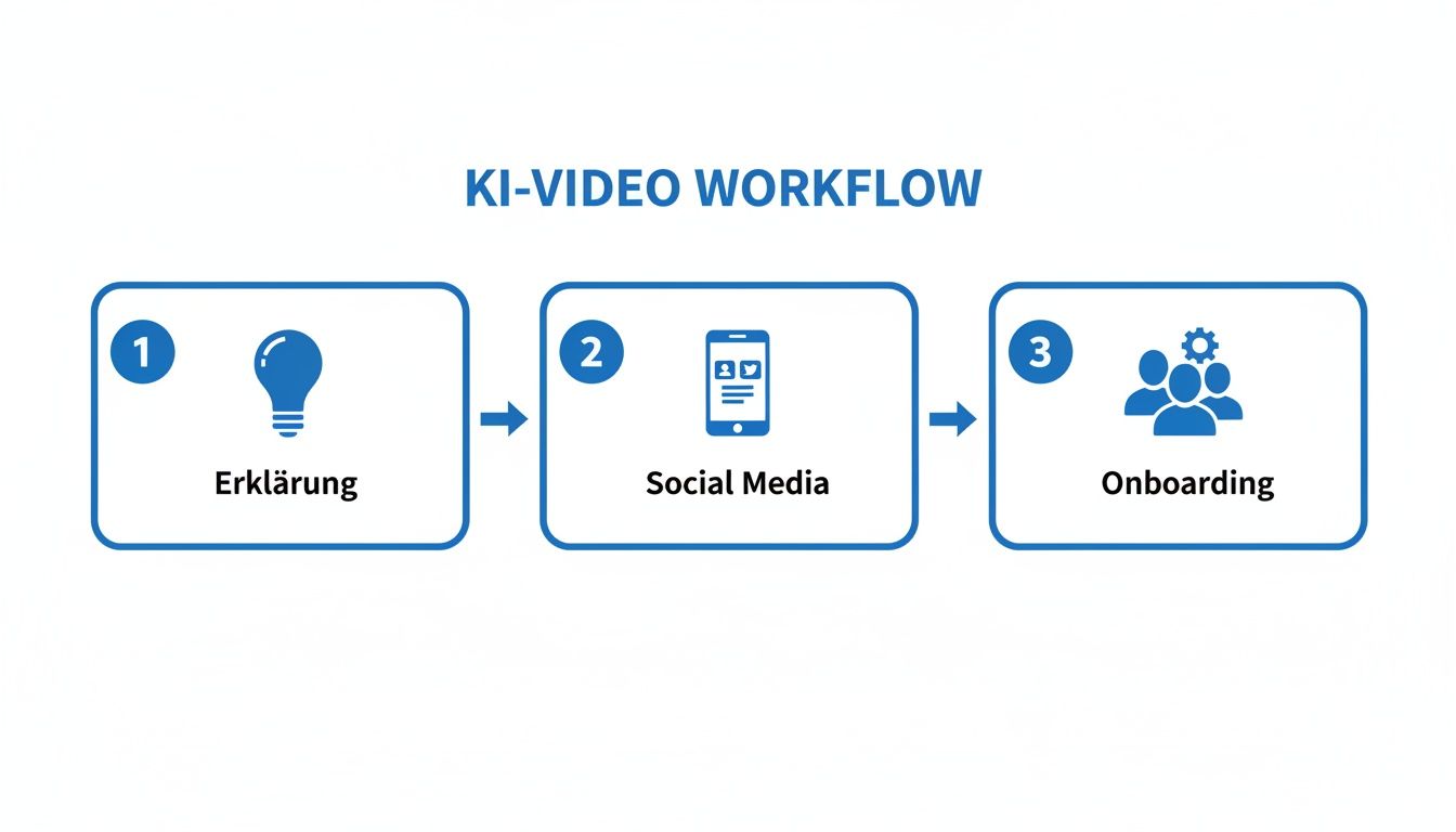Visualisierung des KI-Video-Workflows: Erklärung (Glühbirne), Social Media (Smartphone) und Onboarding (Personen mit Zahnrad).