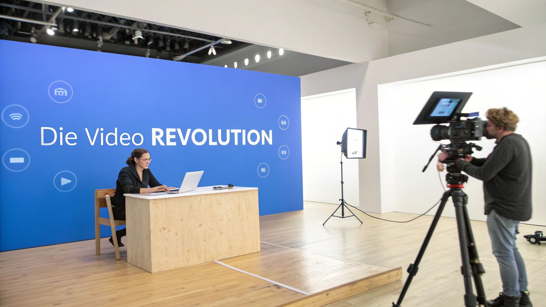 Eine Frau sitzt an einem Tisch vor einer blauen Wand mit Text 'Die Video REVOLUTION', während ein Mann sie filmt.