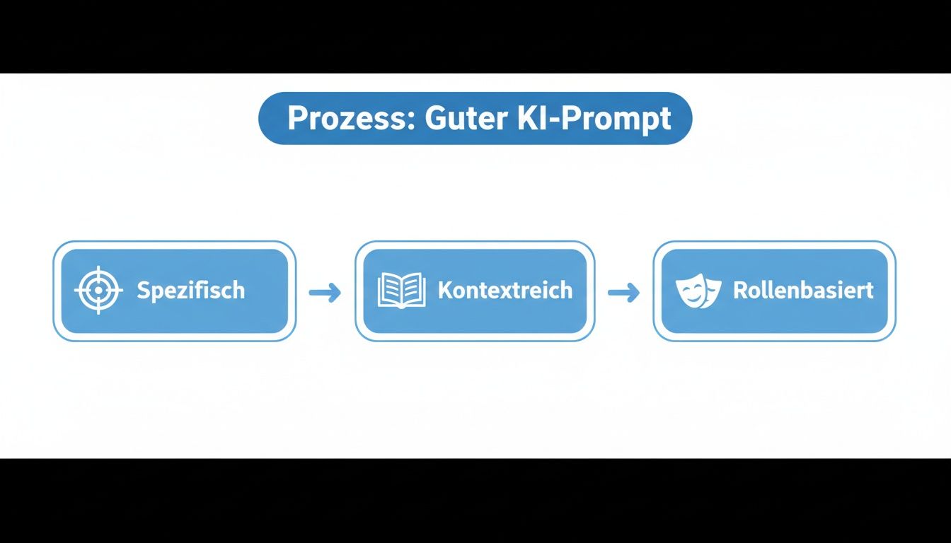 Diagramm zeigt den Prozess für einen guten KI-Prompt: Spezifisch, Kontextreich, Rollenbasiert.