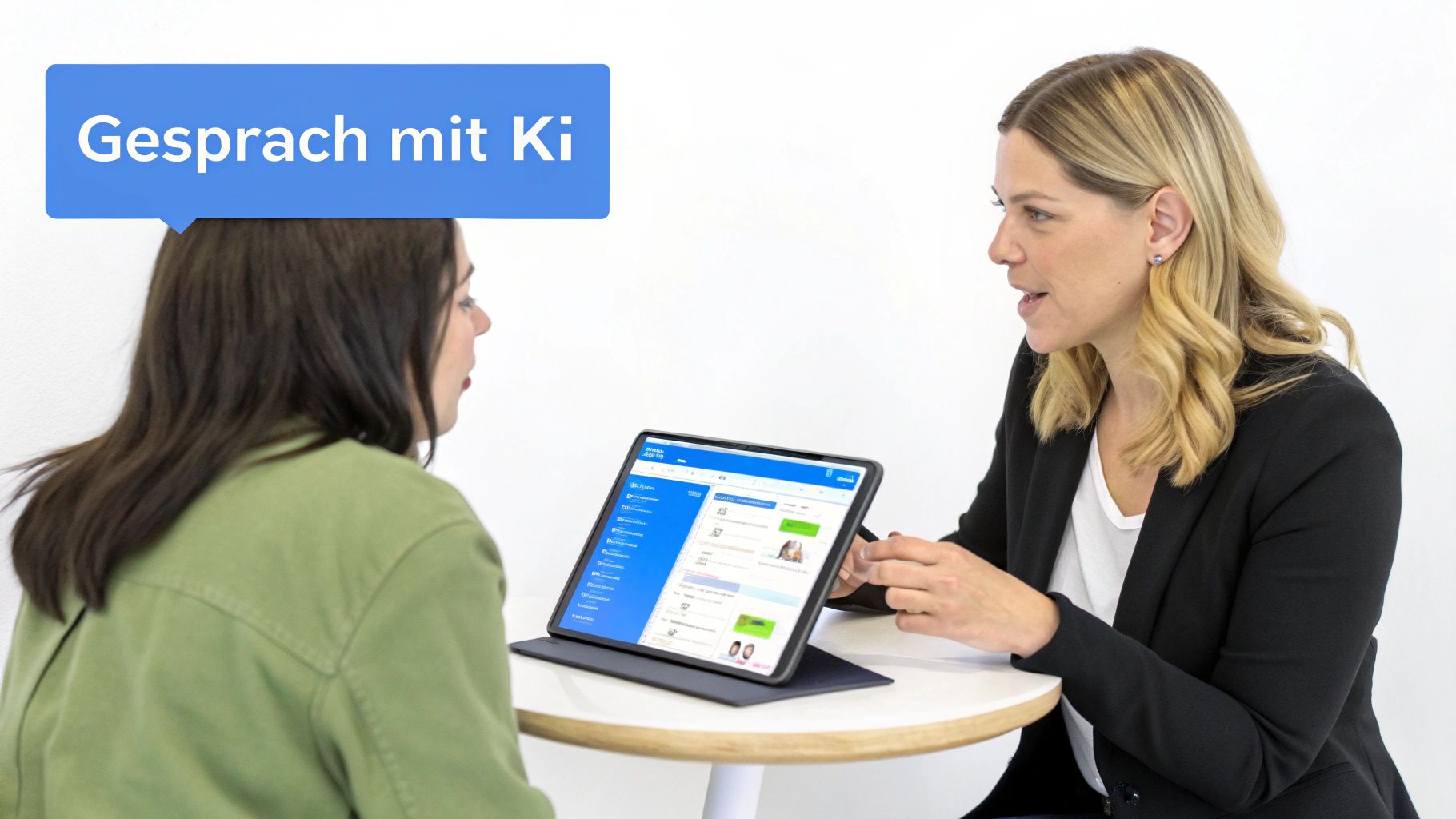 Zwei Frauen besprechen eine Anwendung auf einem Tablet, beschriftet mit 'Gespräch mit Ki'.