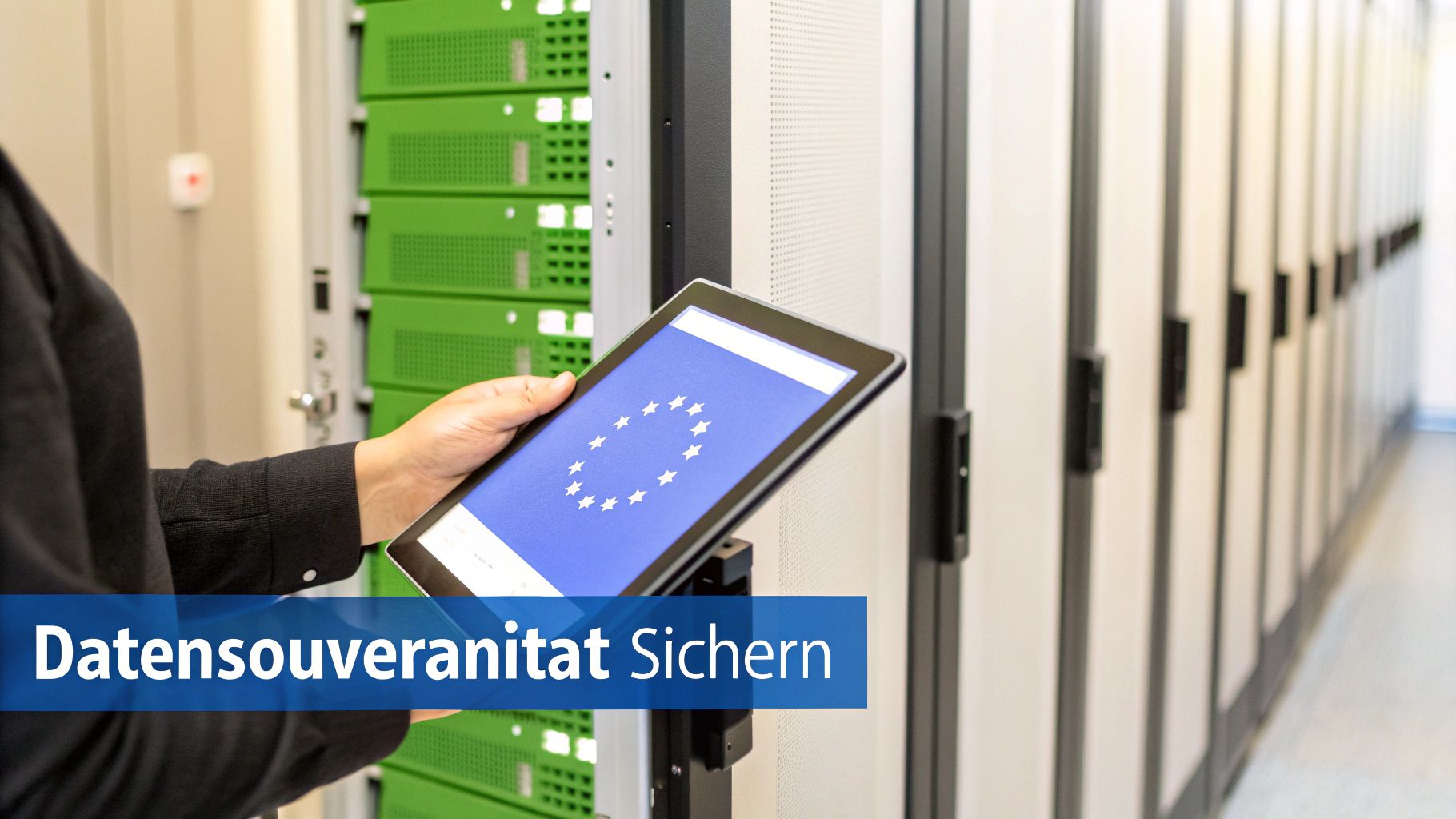 Eine Hand hält ein Tablet mit der EU-Flagge in einem Serverraum. Text: Datensouveränität Sichern.