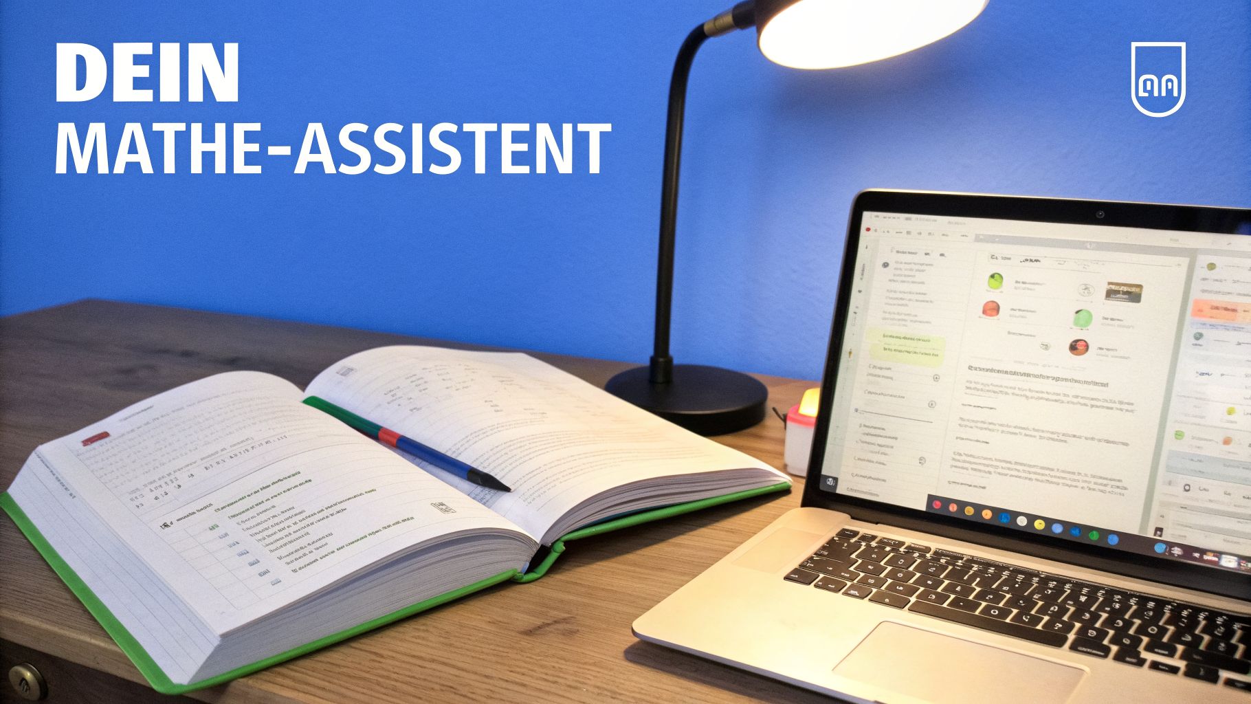 Ein Schreibtisch mit Laptop, offenem Notizbuch, Stift und Lampe unter dem Text "DEIN MATHE-ASSISTENT".