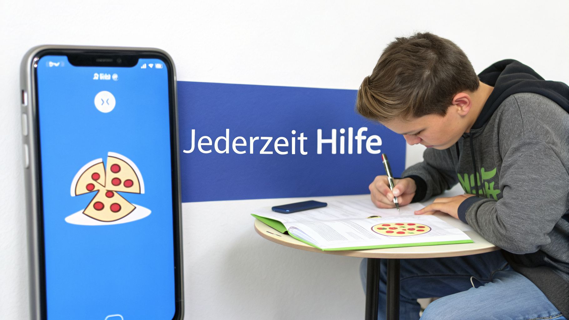Ein Junge lernt am Schreibtisch, während ein Smartphone eine App mit Pizza-Symbol und dem Text 'Jederzeit Hilfe' anzeigt.